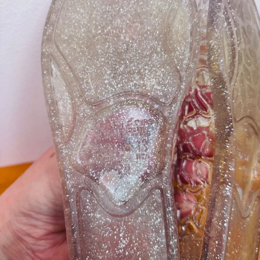 VTG Y2K Grendene Jelly Flats Sparkle‎ Flower Accent Shoes Girls Sz 13 Brazil